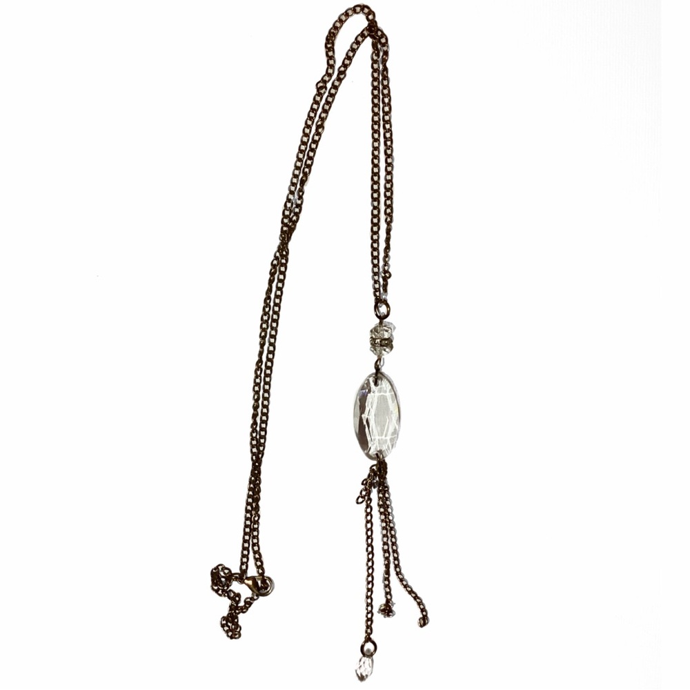 4/$15 🌻 Clear Crystal Tassel Pendant Silver Chain Clear Gemstone